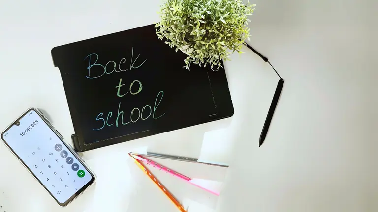 Flat lay of a back-to-school workspace featuring a tablet, smartphone, pens, and plant.
